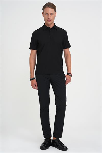 Slim Fit Polo Yaka Fitilli Dokuma Pamuklu Siyah Tişört TS 904