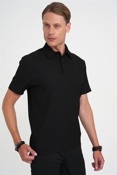 Slim Fit Polo Yaka Fitilli Dokuma Pamuklu Siyah Tişört TS 904