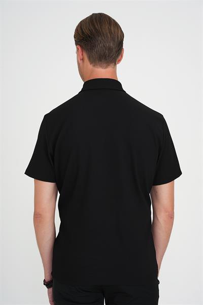 Slim Fit Polo Yaka Fitilli Dokuma Pamuklu Siyah Tişört TS 904