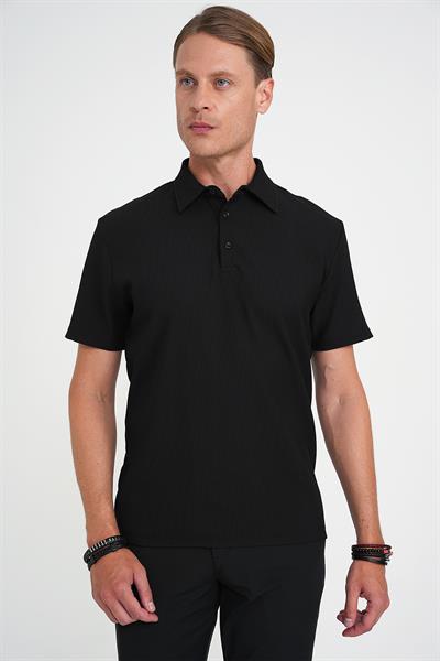 Slim Fit Polo Yaka Fitilli Dokuma Pamuklu Siyah Tişört TS 904