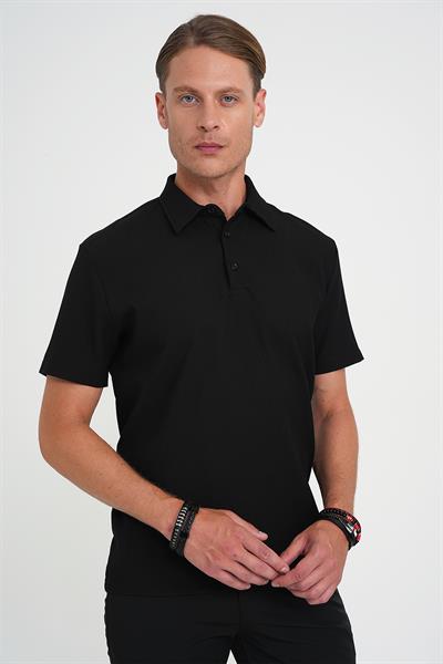 Slim Fit Polo Yaka Fitilli Dokuma Pamuklu Siyah Tişört TS 904