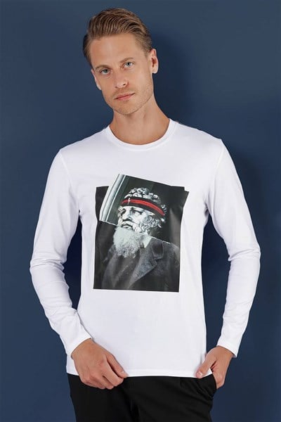 Slim Fit Poseidon Baskılı Pamuklu Uzun Kollu Beyaz Tişört TS 863