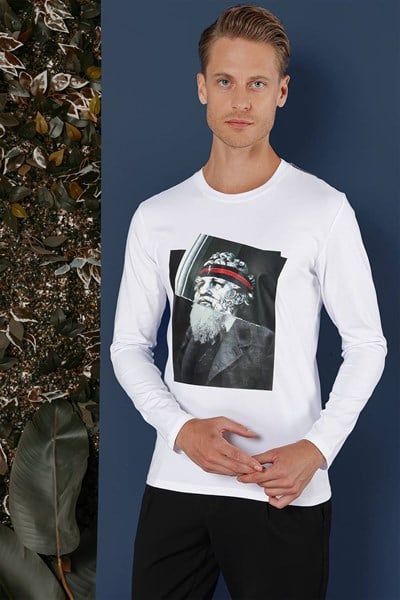 Slim Fit Poseidon Baskılı Pamuklu Uzun Kollu Beyaz Tişört TS 863