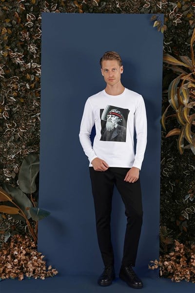 Slim Fit Poseidon Baskılı Pamuklu Uzun Kollu Beyaz Tişört TS 863