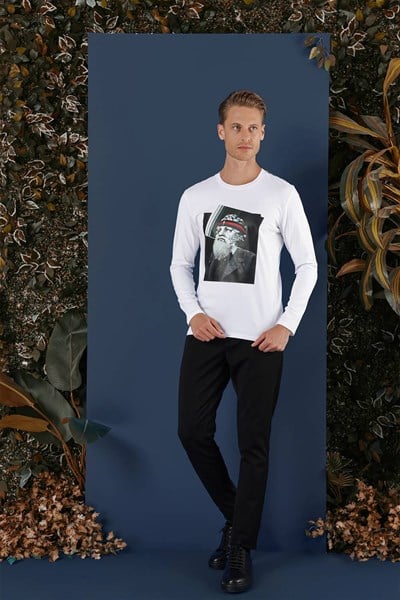 Slim Fit Poseidon Baskılı Pamuklu Uzun Kollu Beyaz Tişört TS 863
