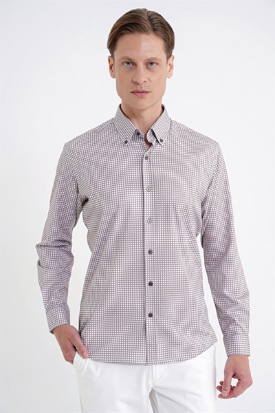 Slim Fit Pötikare Baskılı Pamuklu Yaka Düğmeli Vizon Gömlek G 1604