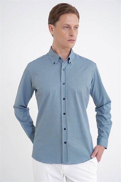 Slim Fit Pötikare Baskılı Pamuklu Yaka Düğmeli Yeşil Gömlek G 1604