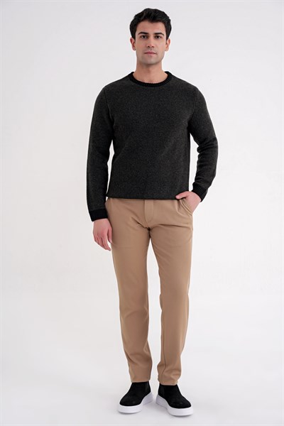 Slim Fit Renkli Ribanalı Siyah Haki Yünlü Bisiklet Yaka Triko Kazak TR 890
