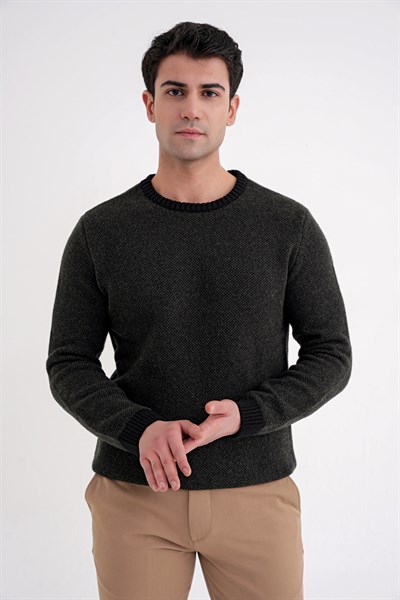 Slim Fit Renkli Ribanalı Siyah Haki Yünlü Bisiklet Yaka Triko Kazak TR 890