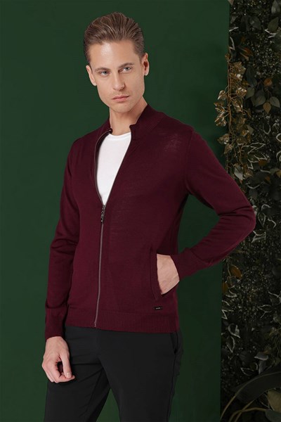 Slim Fit Ribanalı Bordo Yünlü Fermuarlı Hırka Triko Kazak TR 860