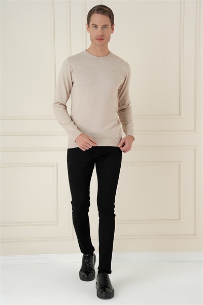 Slim Fit Ribanalı Düz Bej Yünlü Bisiklet Yaka Triko Kazak TR 900