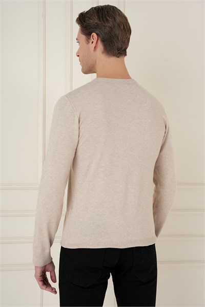 Slim Fit Ribanalı Düz Bej Yünlü Bisiklet Yaka Triko Kazak TR 900