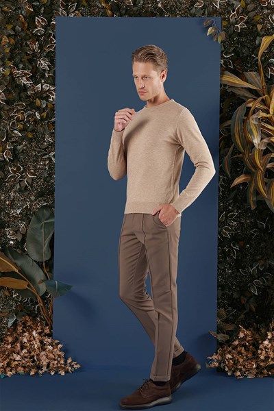 Slim Fit Ribanalı Düz Bej Yünlü Bisiklet Yaka Triko Kazak TR 858