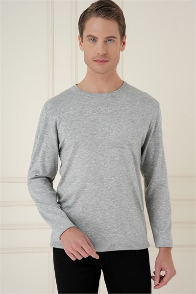 Slim Fit Ribanalı Düz Gri Yünlü Bisiklet Yaka Triko Kazak TR 900