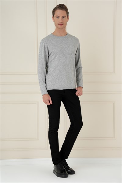 Slim Fit Ribanalı Düz Gri Yünlü Bisiklet Yaka Triko Kazak TR 900