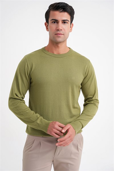 Slim Fit Ribanalı Düz Haki Yünlü Bisiklet Yaka Triko Kazak TR 900