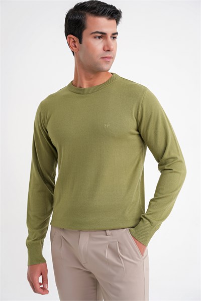 Slim Fit Ribanalı Düz Haki Yünlü Bisiklet Yaka Triko Kazak TR 900
