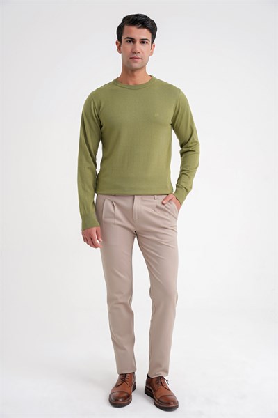 Slim Fit Ribanalı Düz Haki Yünlü Bisiklet Yaka Triko Kazak TR 900