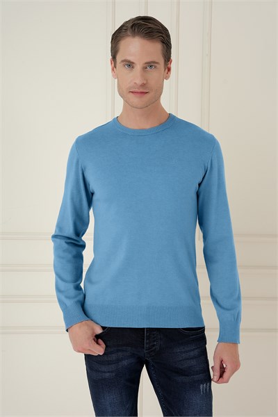 Slim Fit Ribanalı Düz Havacı Mavi Yünlü Bisiklet Yaka Triko Kazak TR 900