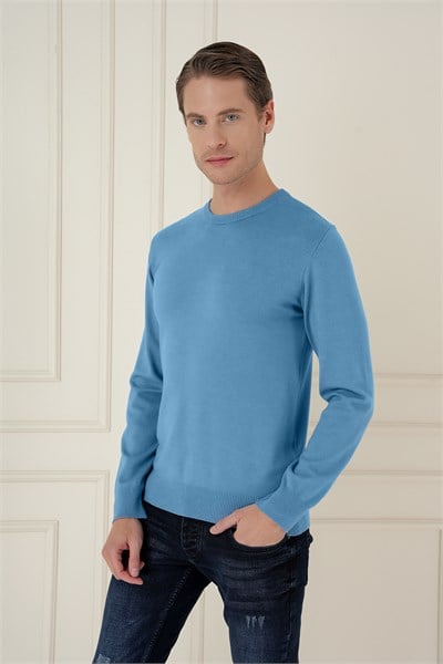 Slim Fit Ribanalı Düz Havacı Mavi Yünlü Bisiklet Yaka Triko Kazak TR 900