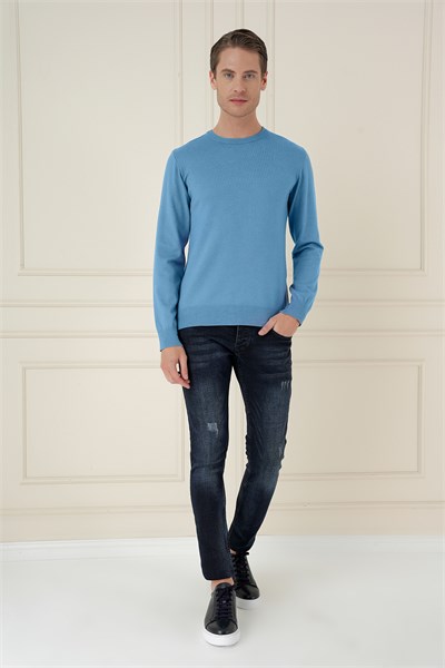 Slim Fit Ribanalı Düz Havacı Mavi Yünlü Bisiklet Yaka Triko Kazak TR 900