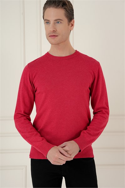 Slim Fit Ribanalı Düz Kırmızı Yünlü Bisiklet Yaka Triko Kazak TR 900