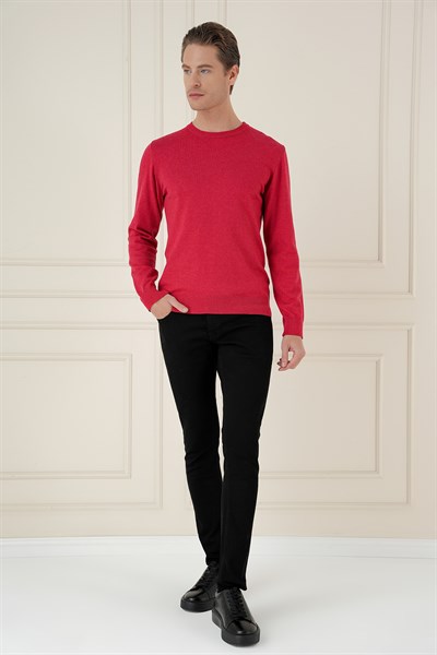 Slim Fit Ribanalı Düz Kırmızı Yünlü Bisiklet Yaka Triko Kazak TR 875