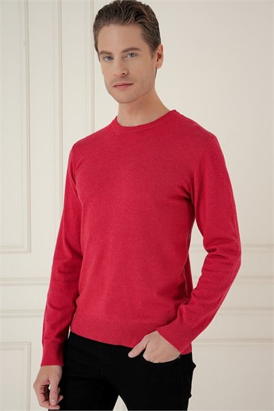 Slim Fit Ribanalı Düz Kırmızı Yünlü Bisiklet Yaka Triko Kazak TR 900