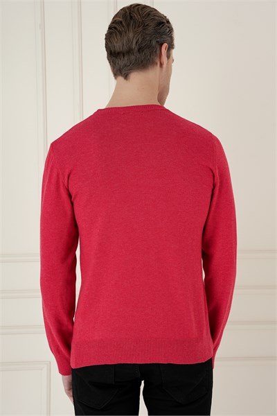 Slim Fit Ribanalı Düz Kırmızı Yünlü Bisiklet Yaka Triko Kazak TR 900