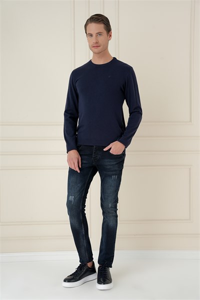 	Slim Fit Ribanalı Düz Lacivert Yünlü Bisiklet Yaka Triko Kazak TR 900