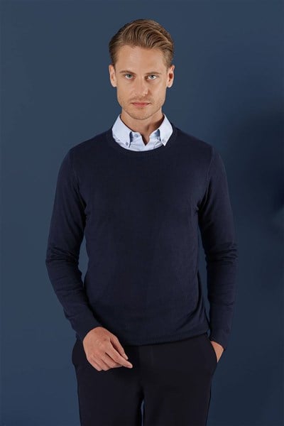 Slim Fit Ribanalı Düz Lacivert Yünlü Bisiklet Yaka Triko Kazak TR 858
