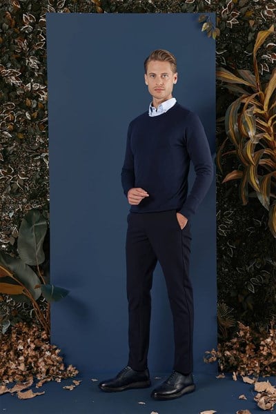 Slim Fit Ribanalı Düz Lacivert Yünlü Bisiklet Yaka Triko Kazak TR 858