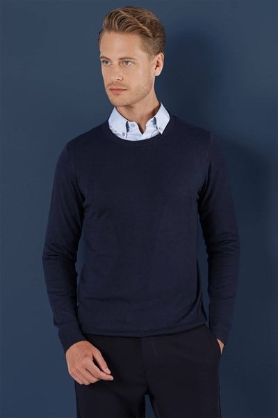 Slim Fit Ribanalı Düz Lacivert Yünlü Bisiklet Yaka Triko Kazak TR 858