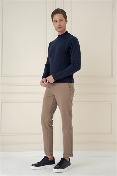 Slim Fit Ribanalı Düz Lacivert Yünlü Yarım Balıkçı Triko Kazak TR 876