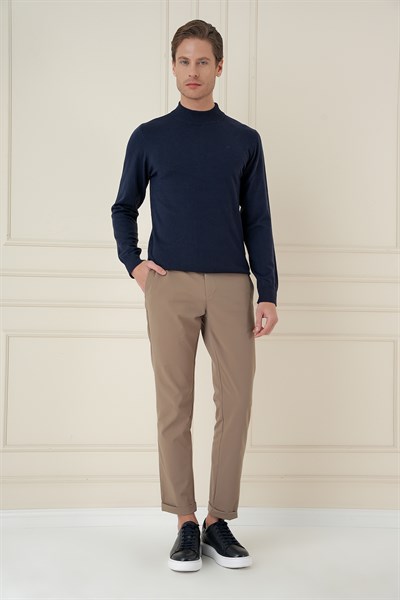 Slim Fit Ribanalı Düz Lacivert Yünlü Yarım Balıkçı Triko Kazak TR 876