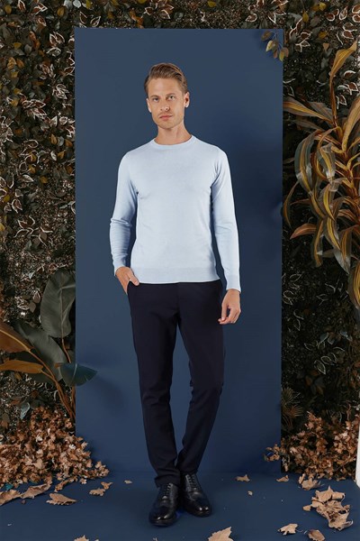 Slim Fit Ribanalı Düz Mavi Yünlü Bisiklet Yaka Triko Kazak TR 858