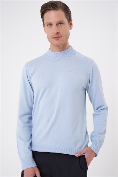 Slim Fit Ribanalı Düz Mavi Yünlü Yarım Balıkçı Triko Kazak TR 876