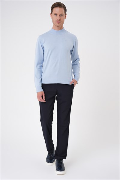 Slim Fit Ribanalı Düz Mavi Yünlü Yarım Balıkçı Triko Kazak TR 876