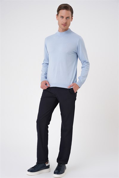 Slim Fit Ribanalı Düz Mavi Yünlü Yarım Balıkçı Triko Kazak TR 876