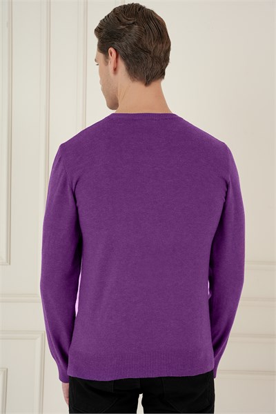 Slim Fit Ribanalı Düz Mor Yünlü Bisiklet Yaka Triko Kazak TR 900