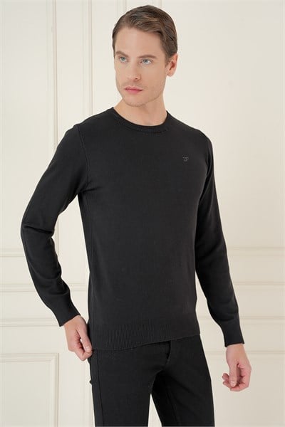 Slim Fit Ribanalı Düz Siyah Yünlü Bisiklet Yaka Triko Kazak TR 900