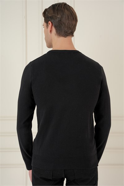 Slim Fit Ribanalı Düz Siyah Yünlü Bisiklet Yaka Triko Kazak TR 900