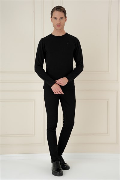 Slim Fit Ribanalı Düz Siyah Yünlü Bisiklet Yaka Triko Kazak TR 900