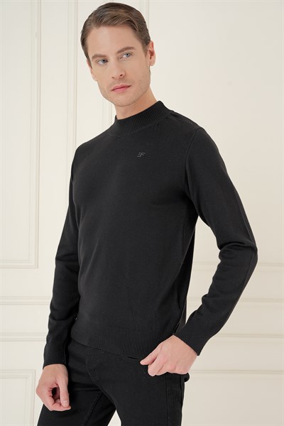 Slim Fit Ribanalı Düz Siyah Yünlü Yarım Balıkçı Triko Kazak TR 876