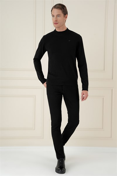Slim Fit Ribanalı Düz Siyah Yünlü Yarım Balıkçı Triko Kazak TR 876