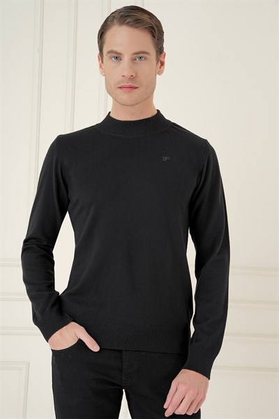 Slim Fit Ribanalı Düz Siyah Yünlü Yarım Balıkçı Triko Kazak TR 876