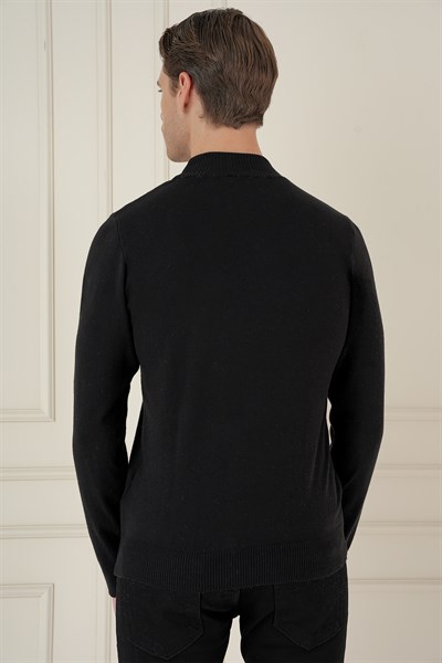 Slim Fit Ribanalı Düz Siyah Yünlü Yarım Balıkçı Triko Kazak TR 876