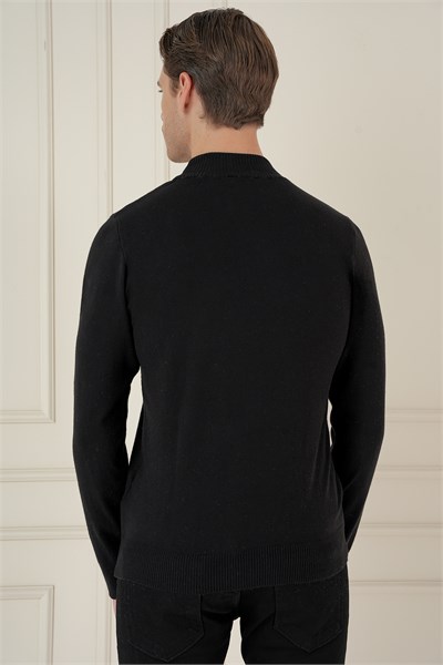 Slim Fit Ribanalı Düz Siyah Yünlü Yarım Balıkçı Triko Kazak TR 899