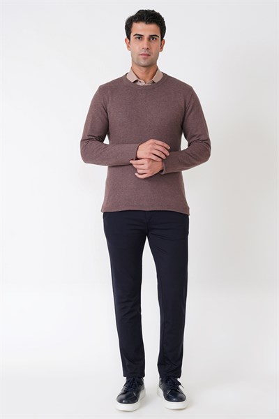 Slim Fit Ribanalı Düz Sütlü Kahve Yünlü Bisiklet Yaka Triko Kazak TR 900