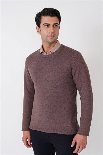 Slim Fit Ribanalı Düz Sütlü Kahve Yünlü Bisiklet Yaka Triko Kazak TR 900